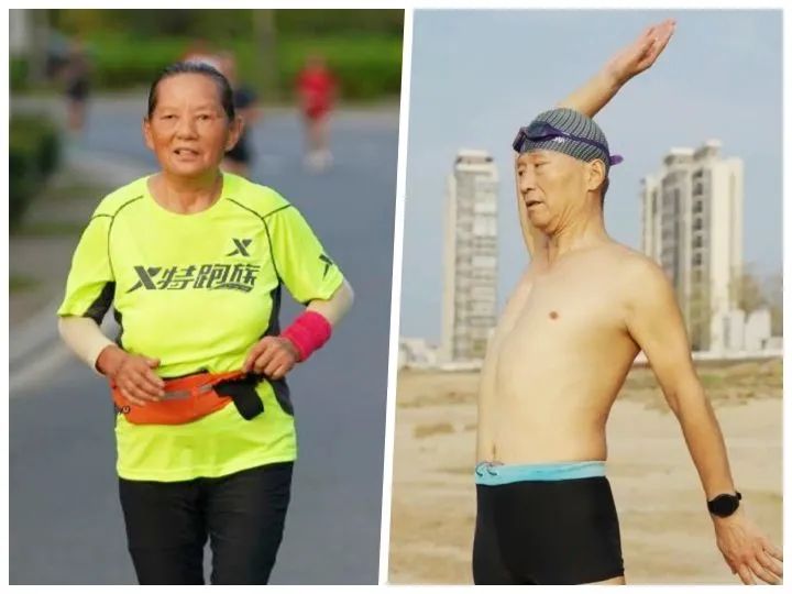 左图：奔跑中的杨秀云；右图：准备游泳的王春兴